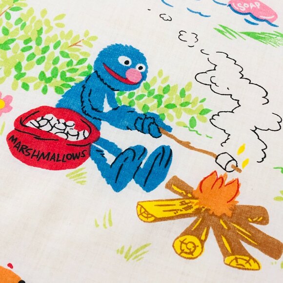 80s Sesame Street Muppets Camping TWIN Bed FLAT Top Sheet Vintage Bedroom Decor - Picture 5 of 13